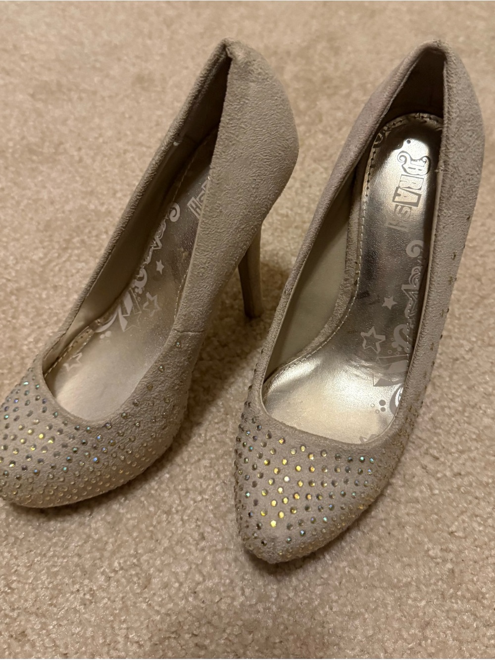 Crash & Burn Taupe Suede Rhinestone Pointed-Toe Heels